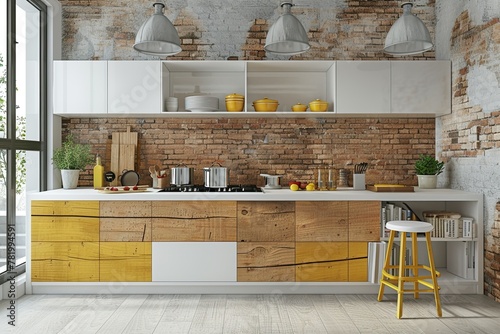 amazing architecture of white and yellow wooden kitchen set isolated on elegant brick wall photo