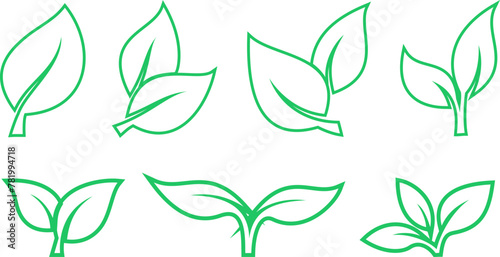 Set of linear green leaves icons as a symbols of environmental conservation principle