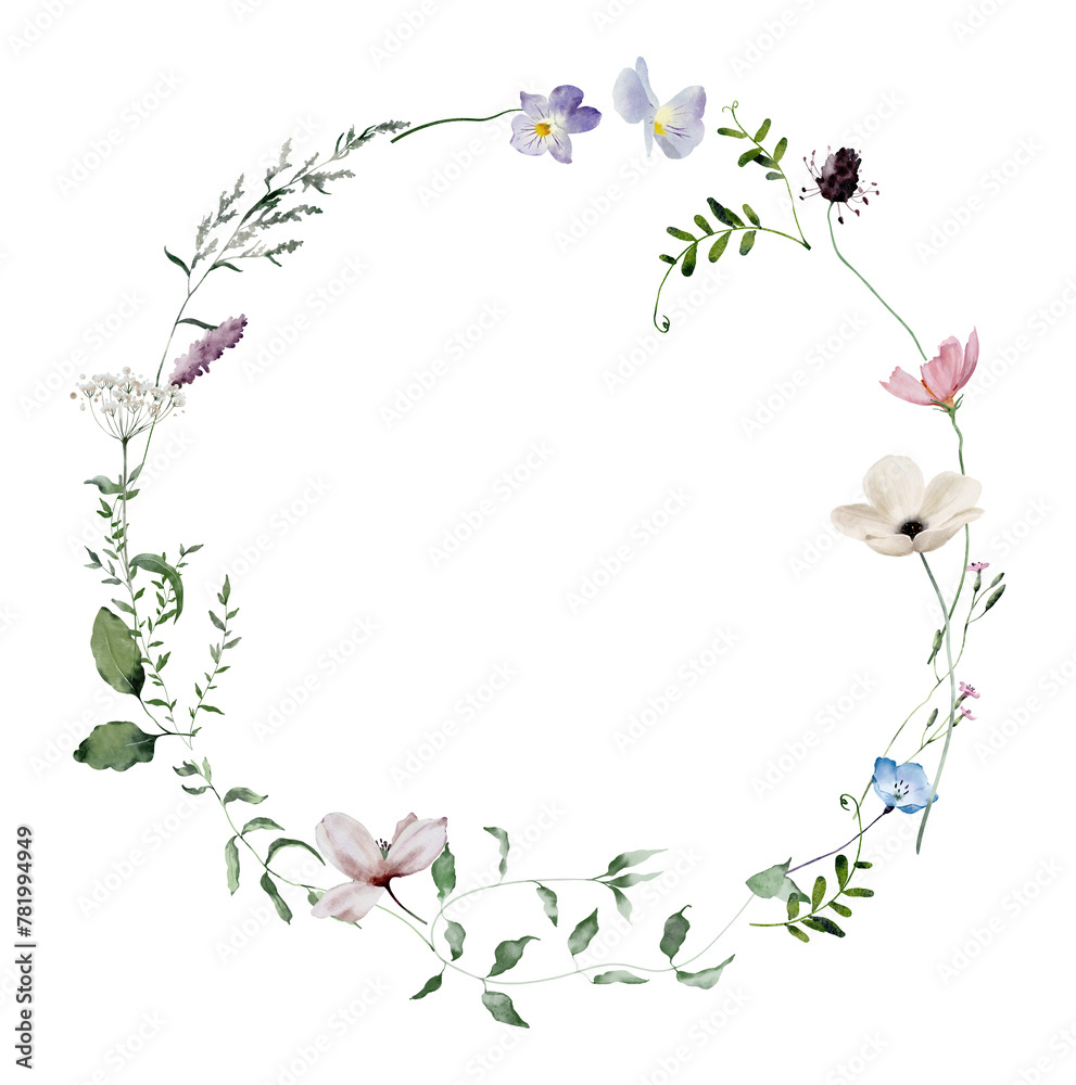 Watercolor Wreath with Wildflowers and Leaves Watercolor Wreath with Wildflowers and Leaves