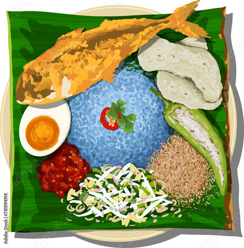 Vector Hand Drawn Illustration Malay dish called Nasi Kerabu Daun Pisang