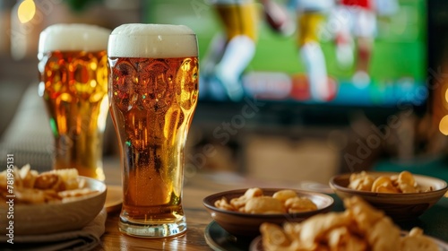 Crystal-clear glasses of frothy beer in the foreground with a vibrant football game broadcasting on the TV  accompanied by bowls of crispy snacks.