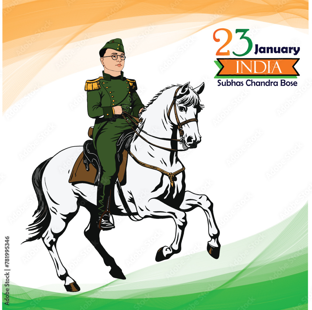 Netaji subhas Chandra Bose  is on a horse illustration