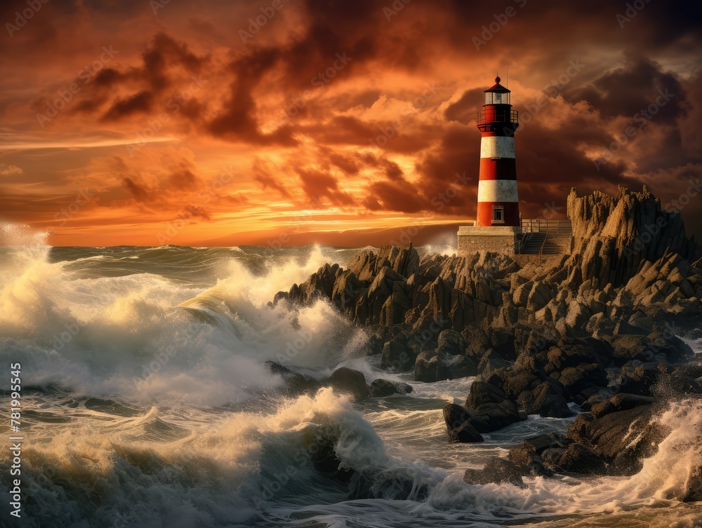 Lighthouse in Storm, Stormy Ocean Landscape and Lighthouse