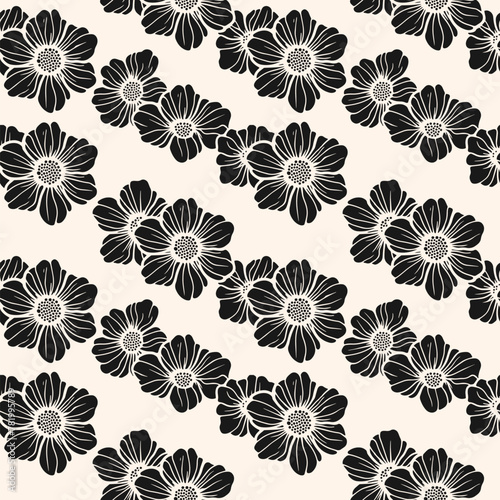 Simple monochrome minimal floral seamless pattern. Elegant black and white vector texture with summer flowers, petals, simple silhouettes. Botanical background. Repeating design for wallpaper, print