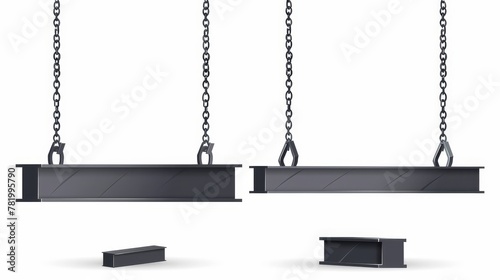 A set of steel beams and straight metal industrial girder pieces hanging on chains, isolated on a white background. photo