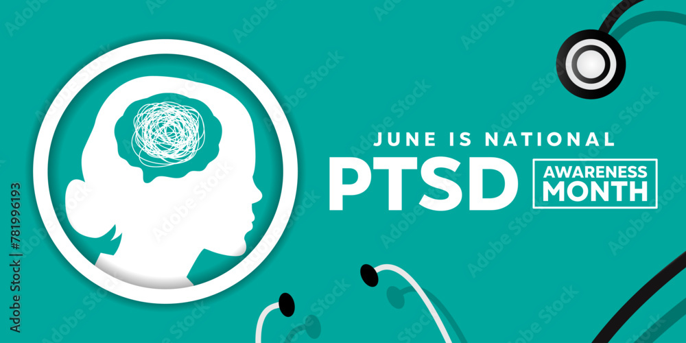 National PTSD Awareness Month. Women, brain and stethoscope. Great for cards, banners, posters, social media and more. Light blue background. National PTSD Awareness Month. Women, brain and stethoscope. Great for cards, banners, posters, social media and more. Light blue background.