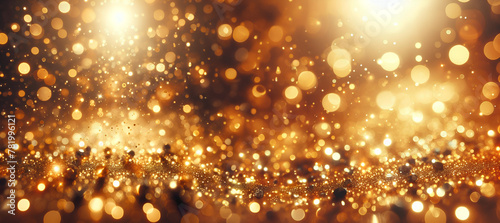 Gold glitter light bokeh background, golden light of Christmas and copy space photo