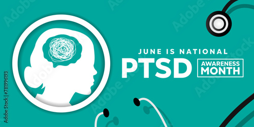 National PTSD Awareness Month. Women, brain and stethoscope. Great for cards, banners, posters, social media and more. Light blue background. photo