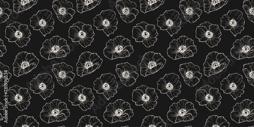 Vector botanical seamless pattern. Elegant minimal black and white floral background. Monochrome ornament with simple outline flower silhouettes, poppies. Dark repeated design for decor, cover, print