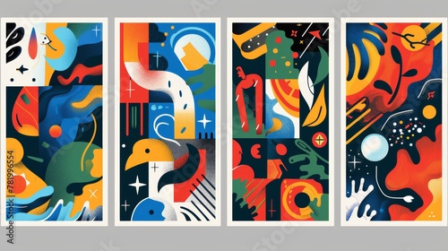 Four posters with abstract designs in blue  red  orange  and green convey concepts of community  creativity  and inspiration.