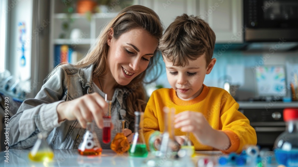 A mother and child playing with a toy scientist's kit. 