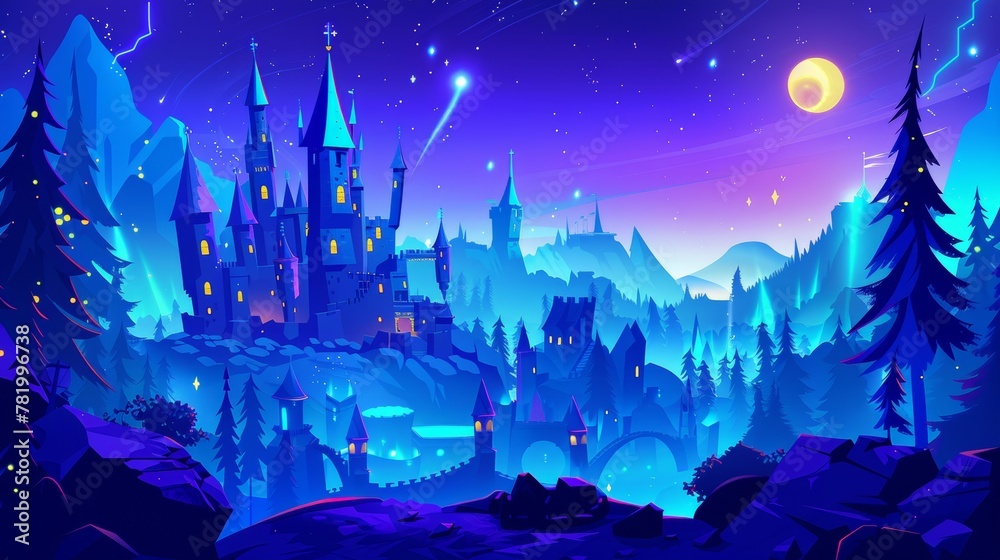 The fairytale castle in the mountains at night. Cartoon landscape of a kingdom with trees and rocks, towers with glowing windows. Fantasy medieval castle with towers.
