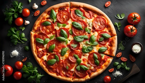 Pepperoni pizza, tomatoes and parsley. Tasty pepperoni pizza on black stone background. Overhead view of italian pizza. 