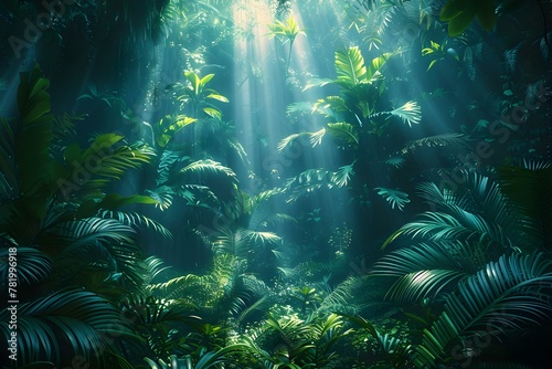 Enchanted Forest Glow: Serene & Mystical Jungle Scene. Concept Enchanted Forest, Glow, Serene, Mystical, Jungle Scene