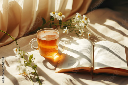 Beautiful background of an open book with a cup of tea next to it and elements of fresh chamomile flowers on the table with sun rays and shadows 