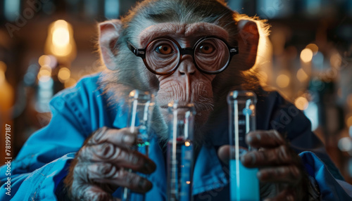 A monkey alchemist with test tubes in his hands conducts experiments in the laboratory with a vaccine. photo