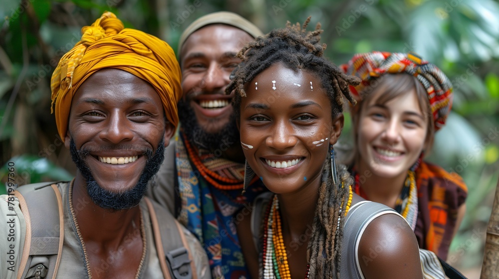 Group of Friends with Traditional African Clothing in a Forest