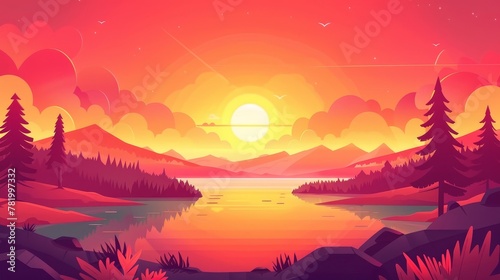 Modern cartoon illustration of nature scenery with sunrise, coniferous forest on rivershore, clouds on red sky, silhouettes on hills and trees on coast. photo