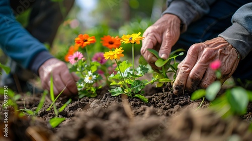 Close-up of Hands Planting Flowers in Sunlit Garden
