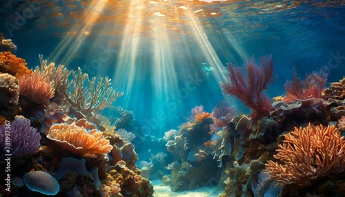 Mesmerizing underwater vista where shafts of sunlight pierce through the depths © emi