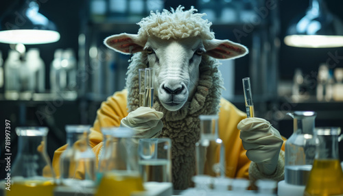 Sheep alchemist with test tubes in his hands conducts experiments in the laboratory with a vaccine.