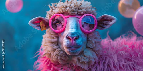 Portrait of sheep blowing bubble gum, wearing neon goggles