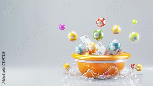 Raffle drums with raffle tickets, balls and an empty lucky wheel. A rotating tote in hexagon shape on a white background. Realistic modern sweepstakes set.