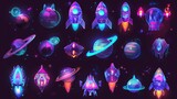 Spaceships, rockets with planets or asteroids, alien shuttles, isolated fantasy cosmic objects, computer game graphic design elements, cartoon modern illustration set.