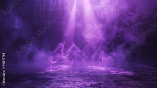 This is a stage light, spotlight beams with smoke, and lamps in a studio or theater. Purple illumination on the ground and ceiling for a presentation or concert.