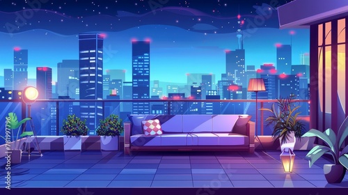 Modern cartoon house terrace with city view at night. Rooftop patio with sofa  plants  lamps and railing against city landscape and modern buildings. Modern cartoon house terrace with city view.