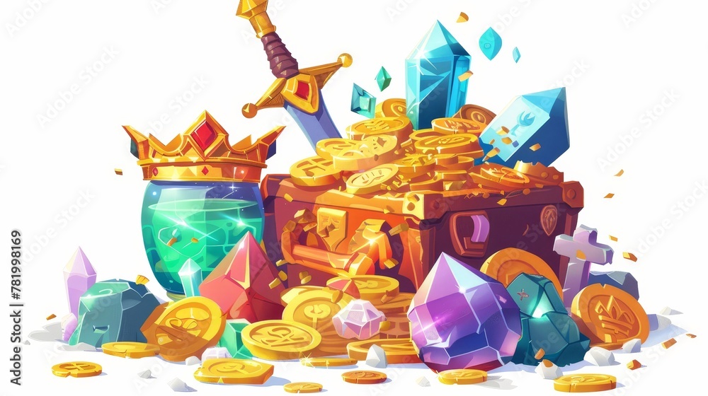 Treasure, gold coins, crystal gems, crown, sword in gold pile, goblet with precious rocks, ancient fantasy magic game assets, pirate loot isolated on white background, cartoon modern illustration.