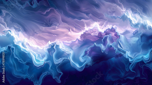 Thunder storm illustration. Light purple and dark navy colors water swirls  in the style of fluid landscapes background. 