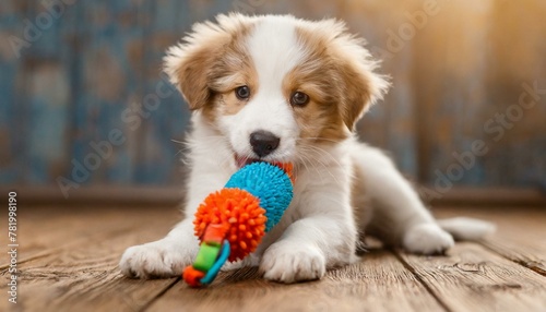 A golden retriever puppy playing with a toy.