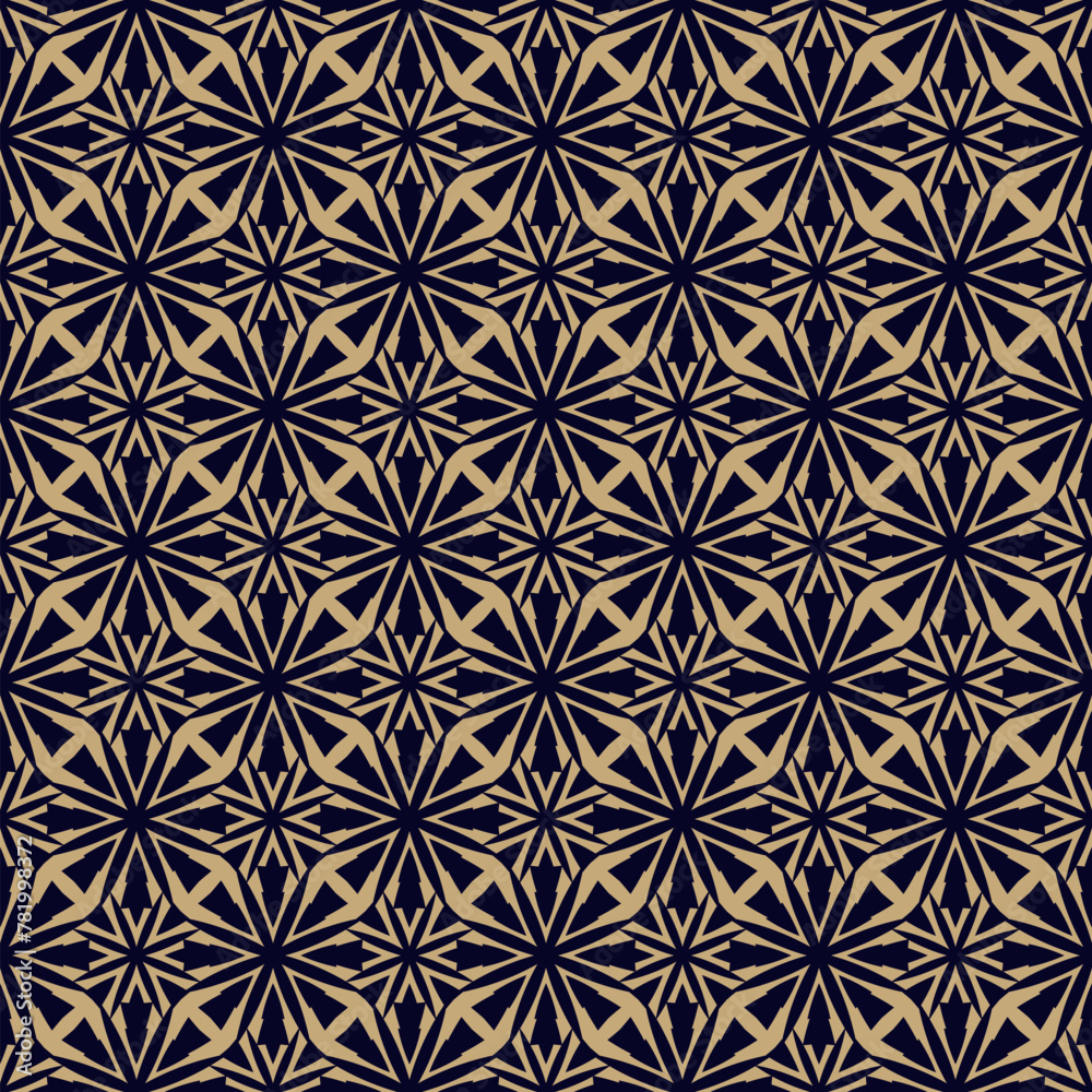 Black and gold ornamental geometric seamless pattern. Vector geometrical floral abstract background. Simple ornament texture with flower silhouettes, lattice, grid. Golden luxury repeating design Black and gold ornamental geometric seamless pattern. Vector geometrical floral abstract background. Simple ornament texture with flower silhouettes, lattice, grid. Golden luxury repeating design