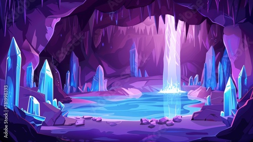 The interior of an old mountain grotto is characterized by stalactites, a lake, and crystals in an underground rocky cave. Modern cartoon illustration of an empty stone cavern with stalactites, a © Mark