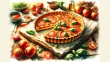 Watercolor Painting of a Tomato, Basil, and Caramelized Onion Quiche
