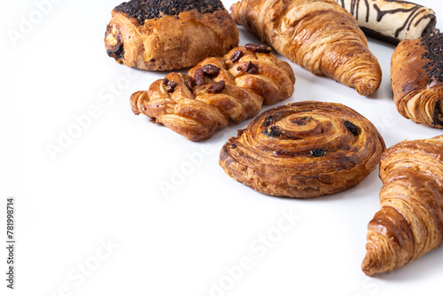 Set of bakery pastries isolated on white background. Copy space