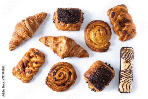 Set of bakery pastries isolated on white background. Top view