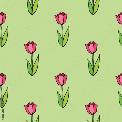 Vector seamless pattern with red tulip flowers. Hand drawn doodle cute bright texture, backdrop for wrapping paper, textile. Topic of spring, blooming nature, holidays design