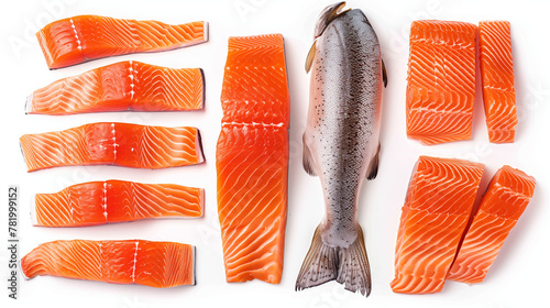 Top view of a set of whole and cut salmon isolated on a white background, featuring both the intact silhouette of the fish alongside filleted and sliced portions, offering a view of salmon