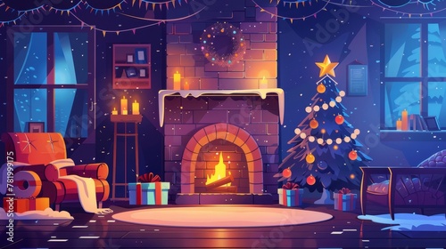 In an empty room at Christmas night  candles are burning near a fireplace  a fir tree is decorated with gifts and presents  and a cozy armchair with a Santa hat decorates the room. Illustration for