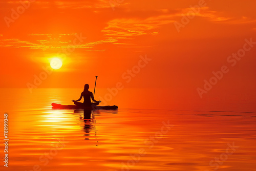 Sunrise Yoga on a Paddleboard: closeup of A lone figure practicing yoga poses on a calm lake at sunrise, silhouetted against a vibrant orange sky