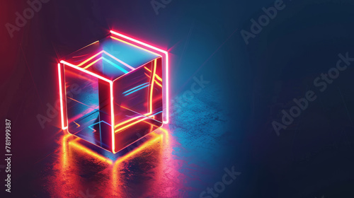 3d neon edge glowing cube isolated on dark background