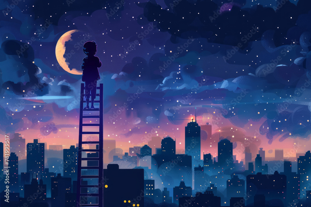 A kid standing high on a ladder watching the night landscape of the city, illustration concept - obrazy, fototapety, plakaty 