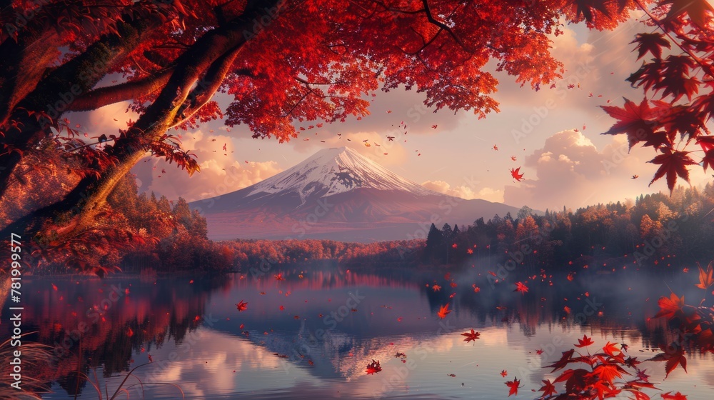 Serene view of Mount Fuji framed by fiery red autumn leaves, with a tranquil lake reflecting the iconic peak.