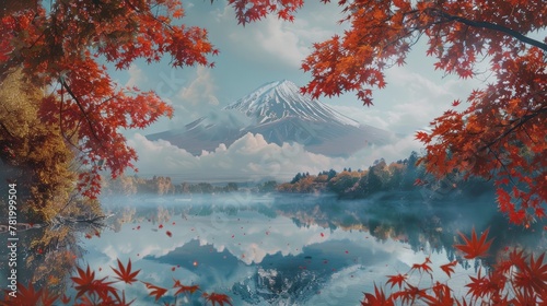 Serene view of Mount Fuji framed by fiery red autumn leaves, with a tranquil lake reflecting the iconic peak.