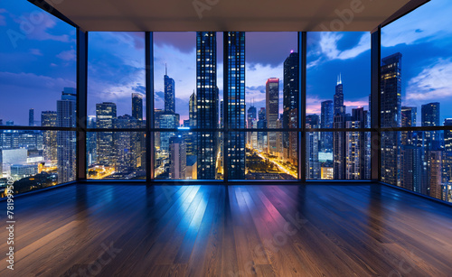 Evening City View in empty room with panorama window