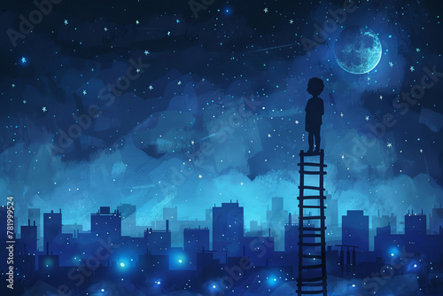 A kid standing high on a ladder watching the night landscape of the city, illustration concept