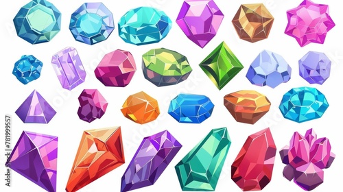 Diamonds, rubies, sapphires, topaz, amethysts and emeralds in round or geometric shapes. Modern cartoon set of precious gemstones.