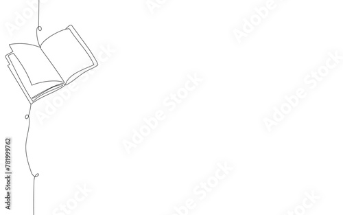 Single one line drawing of open text book for study  minimalistic background. Back to school minimalist  education concept. Continuous simple line draw style design graphic vector illustration.